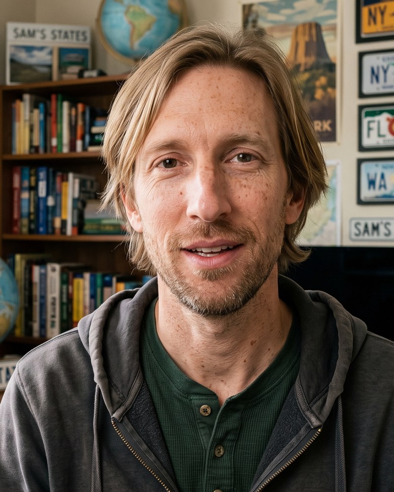 Sam the State Guy in his office, surrounded by state maps, license plates and road-trip guides